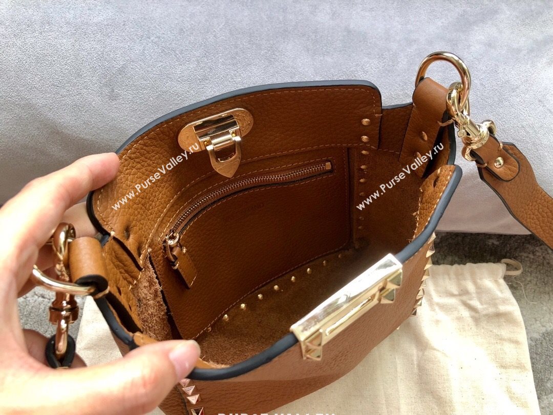 Valentino Mini Grainy Calfskin Leather Rockstud Hobo Bag 50031 Brown 2020 (JD-20112759)