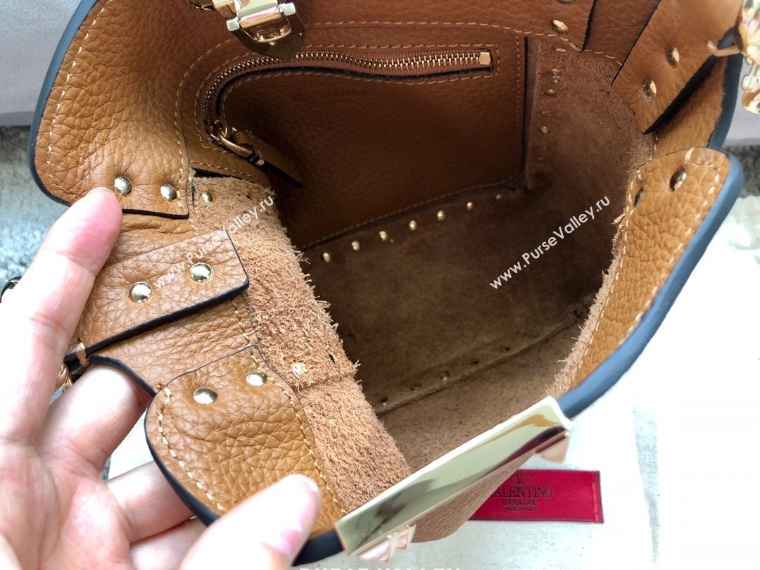 Valentino Mini Grainy Calfskin Leather Rockstud Hobo Bag 50031 Brown 2020 (JD-20112759)