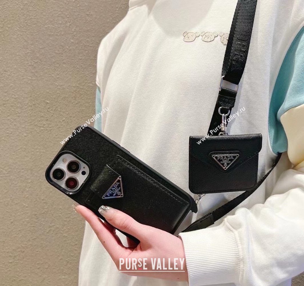 Prada Saffiano iPhone Case with Card Pouch Black 2025 0311 (A-250311022)