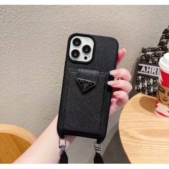 Prada Saffiano iPhone Case with Card Pouch Black 2025 0311 (A-250311022)