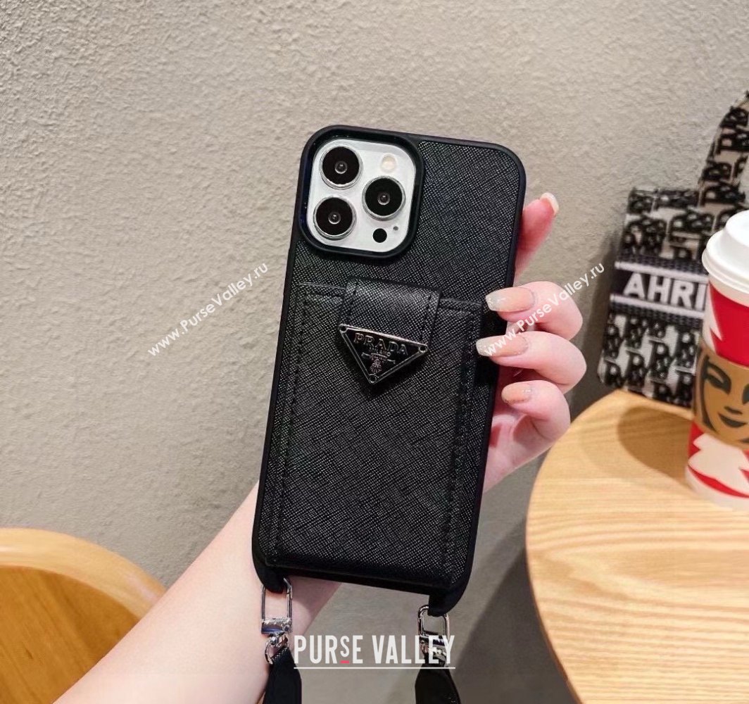 Prada Saffiano iPhone Case with Card Pouch Black 2025 0311 (A-250311022)