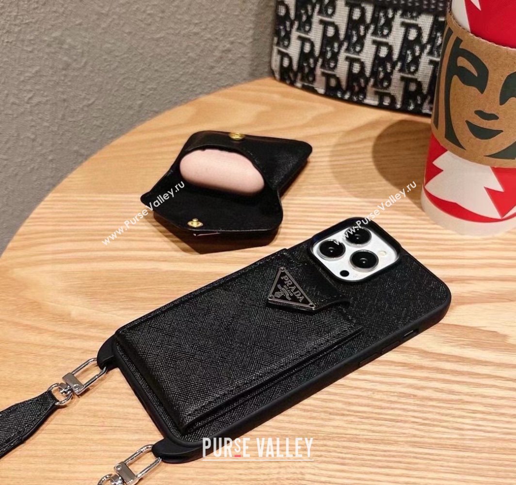 Prada Saffiano iPhone Case with Card Pouch Black 2025 0311 (A-250311022)