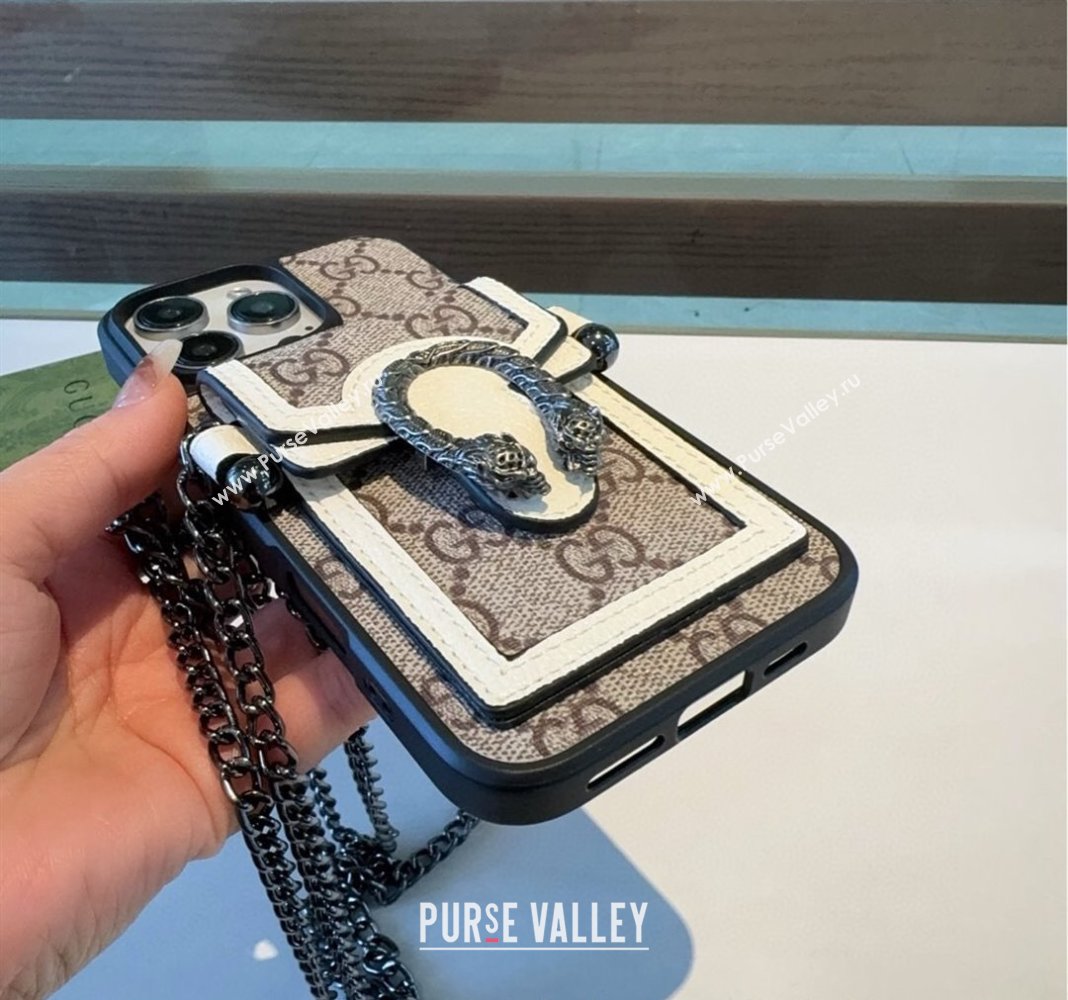 Gucci Dionysus iPhone Holder with Chain and Card Pouch White/Beige 2025 (A-250311039)