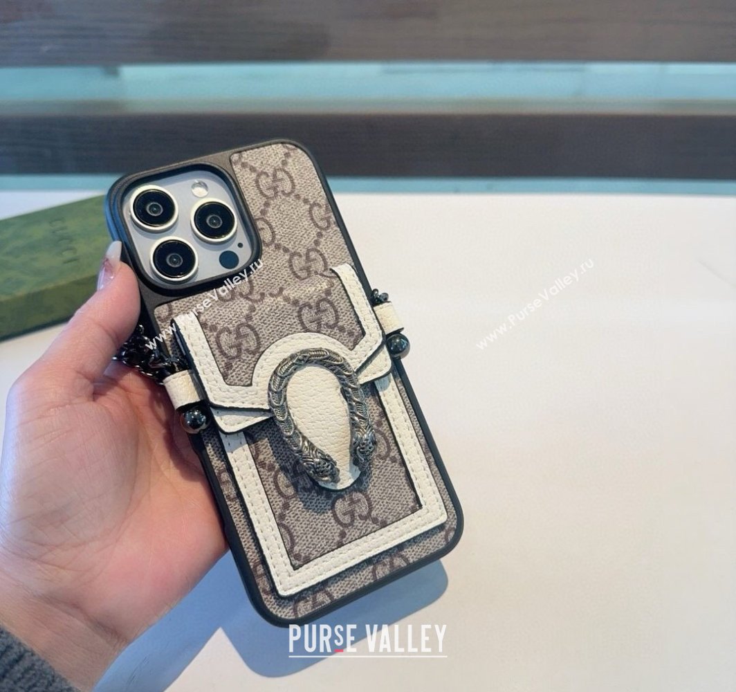 Gucci Dionysus iPhone Holder with Chain and Card Pouch White/Beige 2025 (A-250311039)