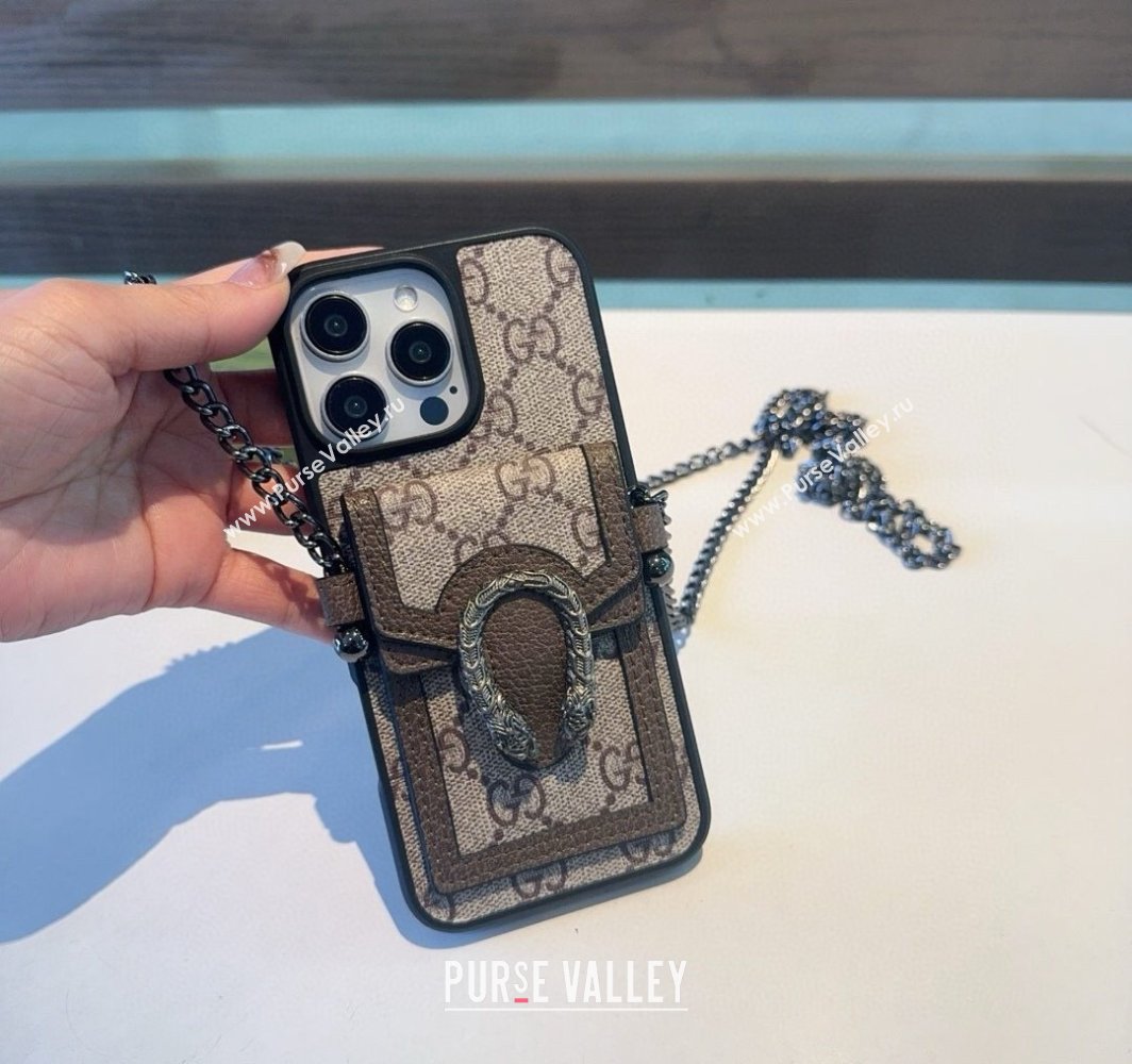 Gucci Dionysus iPhone Holder with Chain and Card Pouch Brown/Beige 2025 (A-250311040)