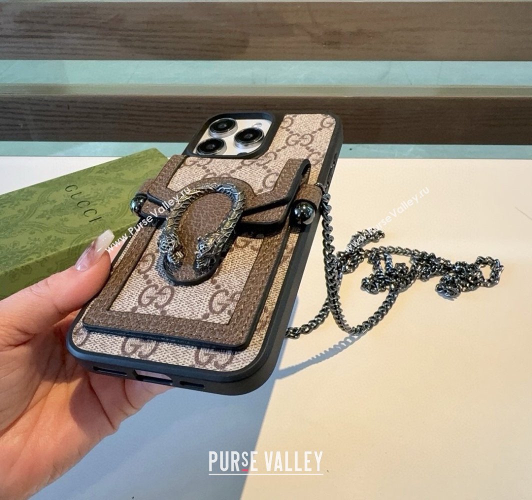 Gucci Dionysus iPhone Holder with Chain and Card Pouch Brown/Beige 2025 (A-250311040)