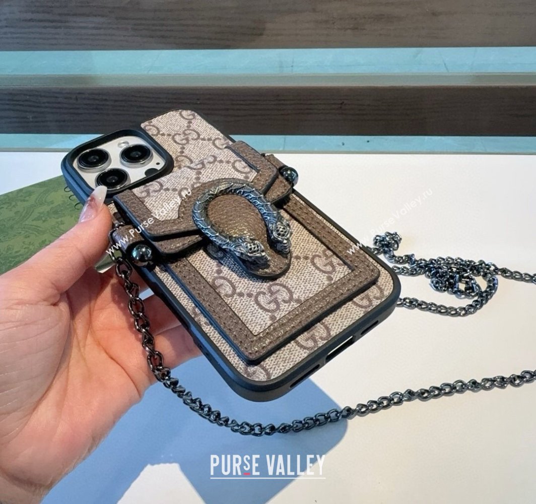 Gucci Dionysus iPhone Holder with Chain and Card Pouch Brown/Beige 2025 (A-250311040)