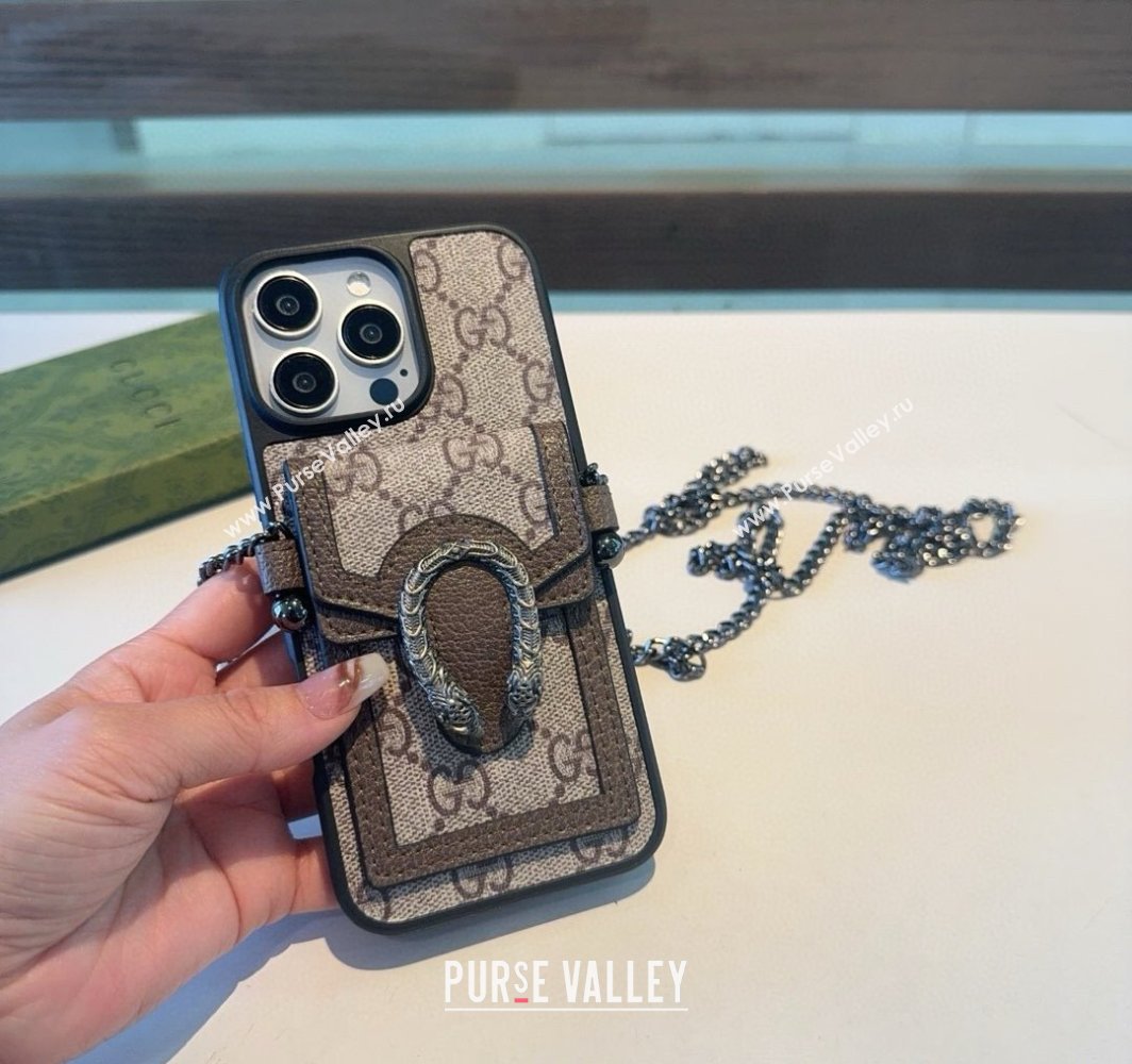 Gucci Dionysus iPhone Holder with Chain and Card Pouch Brown/Beige 2025 (A-250311040)