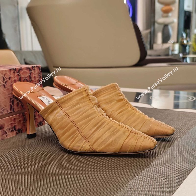 Jimmy Choo Lotta Tulle Mesh and Nappa Leather Heel Mules 8.5cm Brown 2025 (MD-250605114)