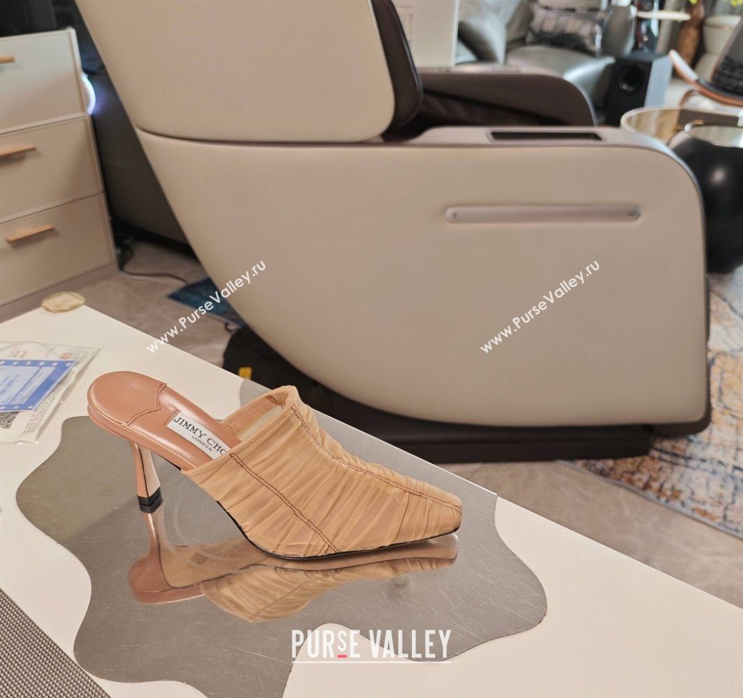 Jimmy Choo Lotta Tulle Mesh and Nappa Leather Heel Mules 8.5cm Brown 2025 (MD-250605114)