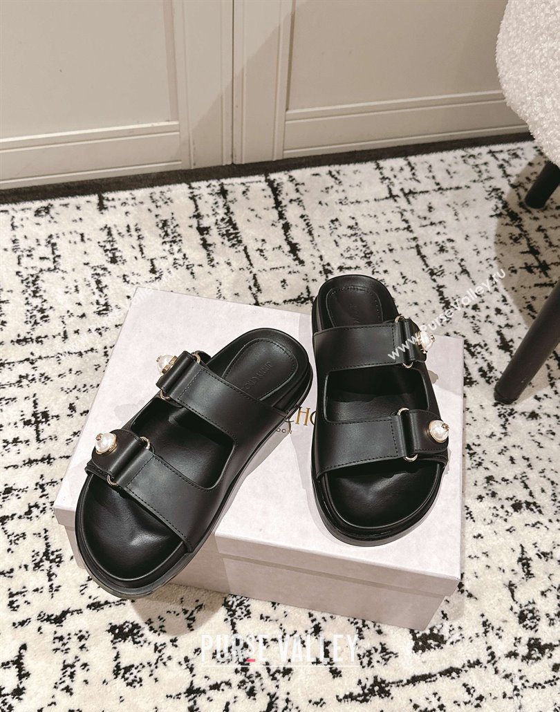 Jimmy Choo Fayence Flat Slides Sandal in Leather with Pearl Embellishment Black 2025 (HQG-250605105)