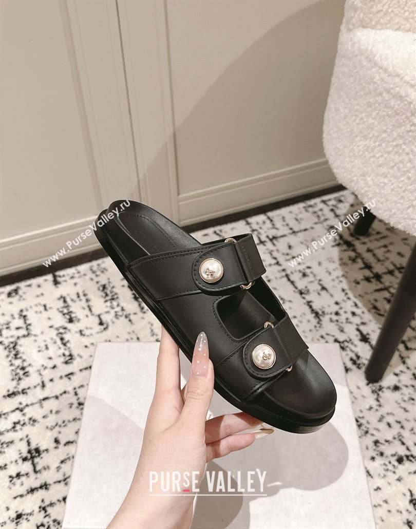Jimmy Choo Fayence Flat Slides Sandal in Leather with Pearl Embellishment Black 2025 (HQG-250605105)