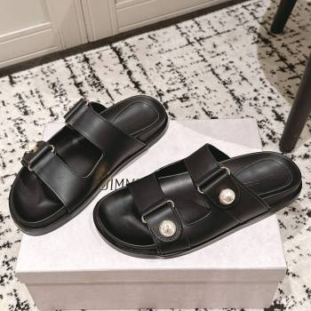 Jimmy Choo Fayence Flat Slides Sandal in Leather with Pearl Embellishment Black 2025 (HQG-250605105)