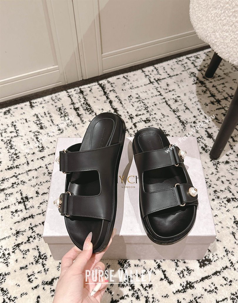 Jimmy Choo Fayence Flat Slides Sandal in Leather with Pearl Embellishment Black 2025 (HQG-250605105)