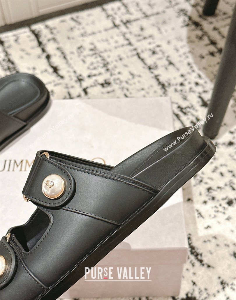 Jimmy Choo Fayence Flat Slides Sandal in Leather with Pearl Embellishment Black 2025 (HQG-250605105)