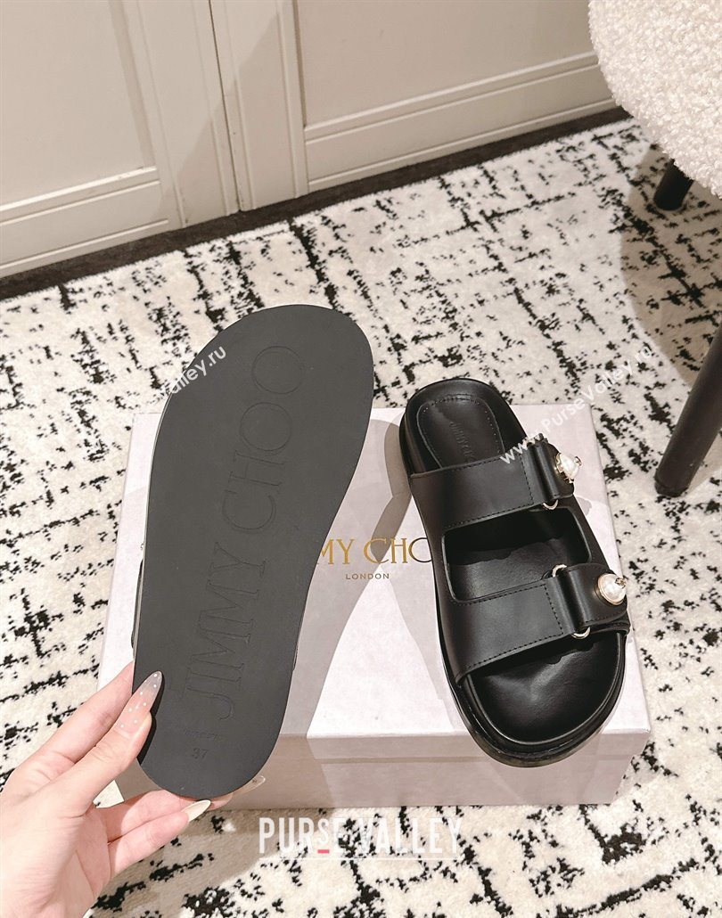 Jimmy Choo Fayence Flat Slides Sandal in Leather with Pearl Embellishment Black 2025 (HQG-250605105)