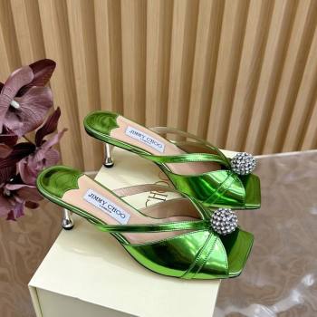 Jimmy Choo Siva Heel Slides Sandal 6.5cm in Glazed Leather with Strass Green 2025 JC103102 (MD-251031040)