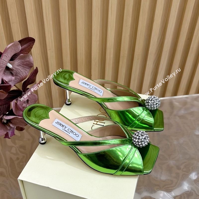 Jimmy Choo Siva Heel Slides Sandal 6.5cm in Glazed Leather with Strass Green 2025 JC103102 (MD-251031040)