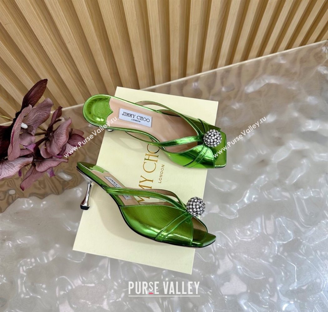 Jimmy Choo Siva Heel Slides Sandal 6.5cm in Glazed Leather with Strass Green 2025 JC103102 (MD-251031040)