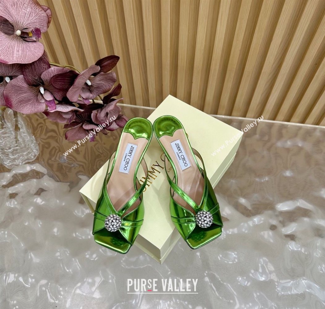 Jimmy Choo Siva Heel Slides Sandal 6.5cm in Glazed Leather with Strass Green 2025 JC103102 (MD-251031040)