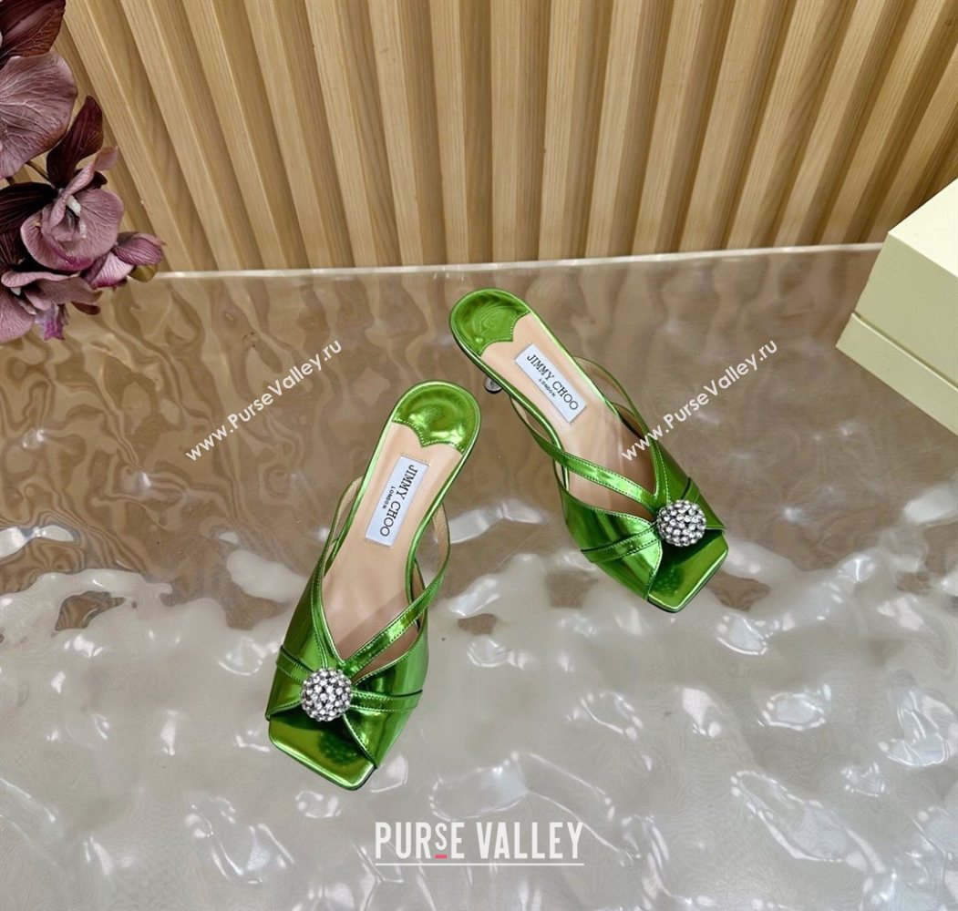 Jimmy Choo Siva Heel Slides Sandal 6.5cm in Glazed Leather with Strass Green 2025 JC103102 (MD-251031040)