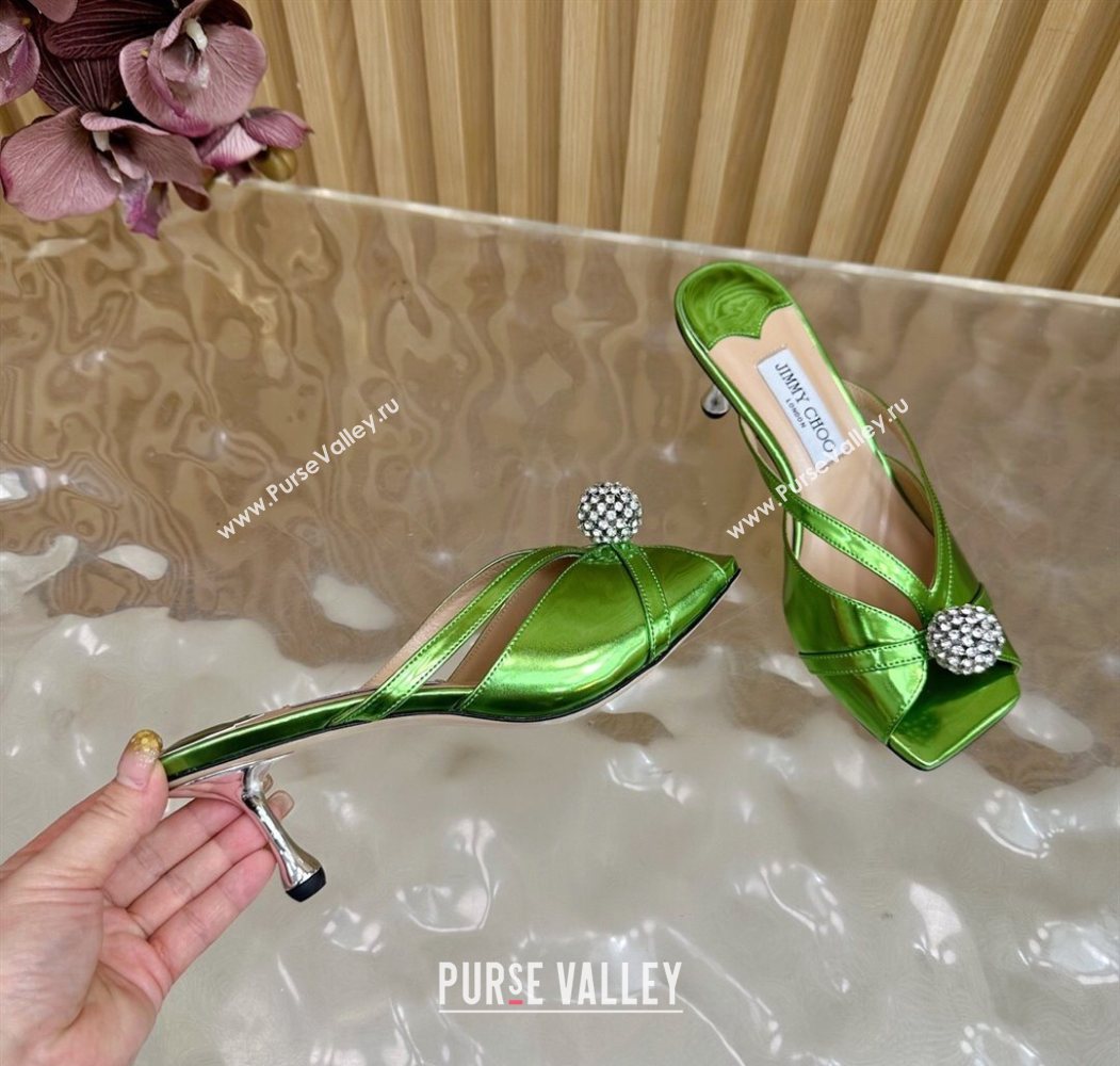 Jimmy Choo Siva Heel Slides Sandal 6.5cm in Glazed Leather with Strass Green 2025 JC103102 (MD-251031040)