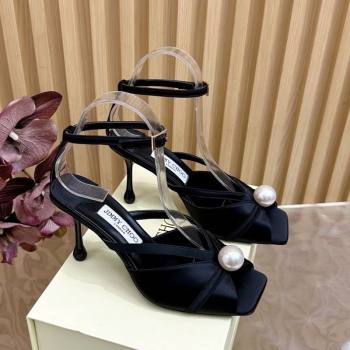 Jimmy Choo Siva Heel Sandals 8.5cm in Satin with Pearl Black 2025 1031 (MD-251031029)