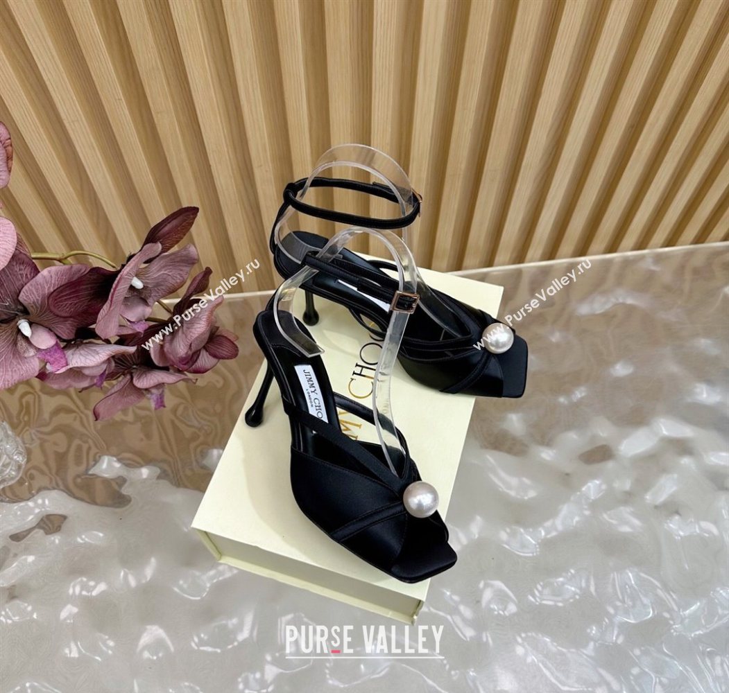 Jimmy Choo Siva Heel Sandals 8.5cm in Satin with Pearl Black 2025 1031 (MD-251031029)