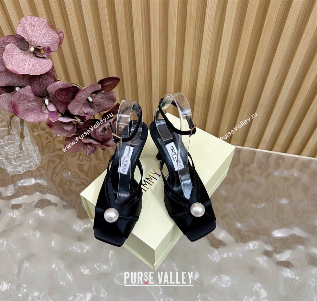 Jimmy Choo Siva Heel Sandals 8.5cm in Satin with Pearl Black 2025 1031 (MD-251031029)