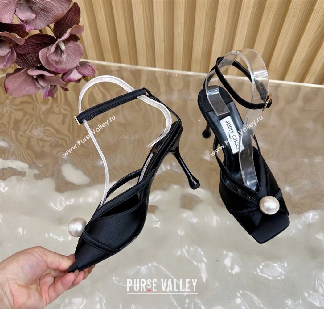Jimmy Choo Siva Heel Sandals 8.5cm in Satin with Pearl Black 2025 1031 (MD-251031029)