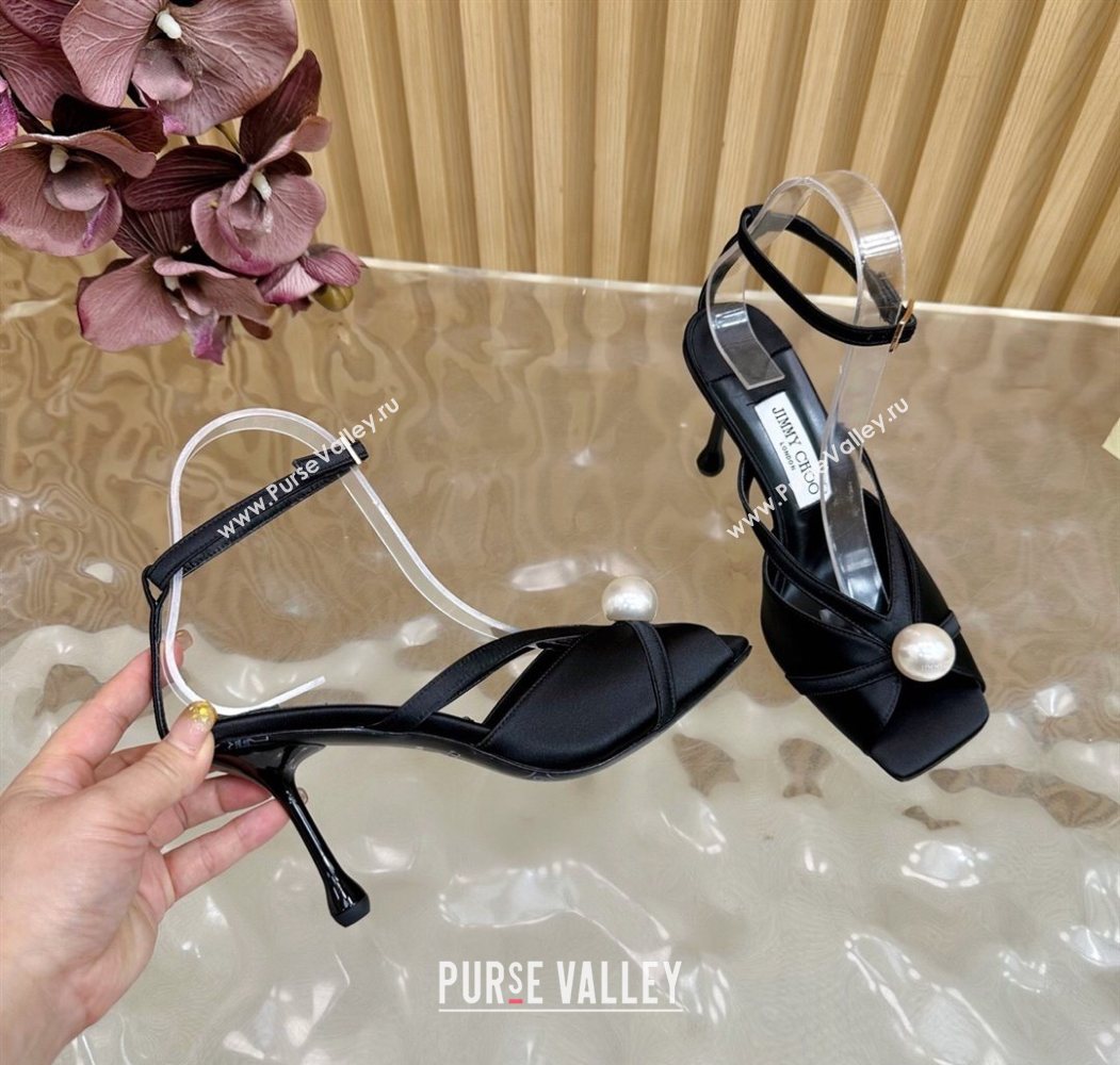 Jimmy Choo Siva Heel Sandals 8.5cm in Satin with Pearl Black 2025 1031 (MD-251031029)