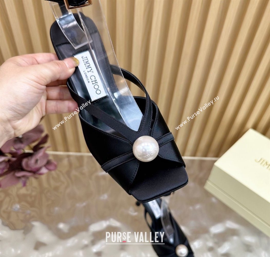 Jimmy Choo Siva Heel Sandals 8.5cm in Satin with Pearl Black 2025 1031 (MD-251031029)