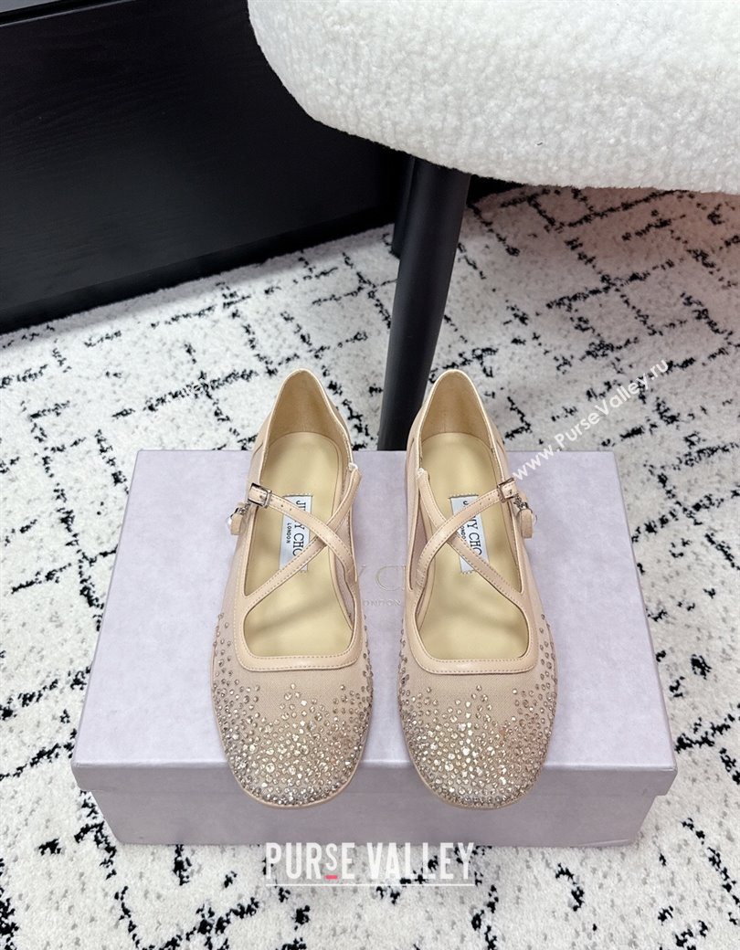 Jimmy Choo Mesh and Strass Mary Janes Ballerinas Flat with Pearl Bow Nude 2025 JC121001 (KL-251210123)