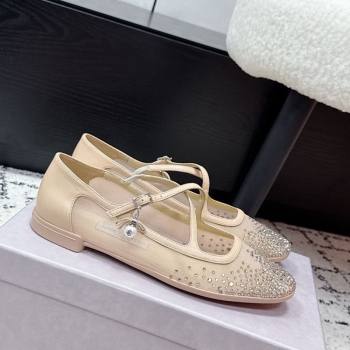 Jimmy Choo Mesh and Strass Mary Janes Ballerinas Flat with Pearl Bow Nude 2025 JC121001 (KL-251210123)
