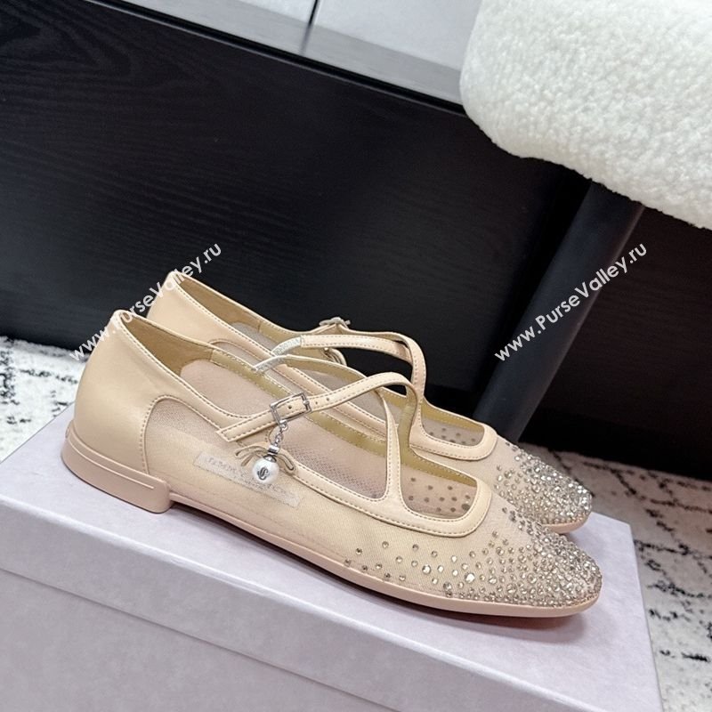 Jimmy Choo Mesh and Strass Mary Janes Ballerinas Flat with Pearl Bow Nude 2025 JC121001 (KL-251210123)