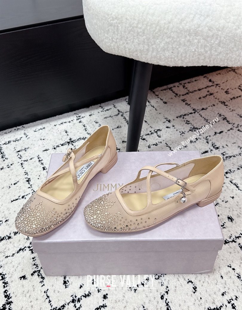Jimmy Choo Mesh and Strass Mary Janes Ballerinas Flat with Pearl Bow Nude 2025 JC121001 (KL-251210123)
