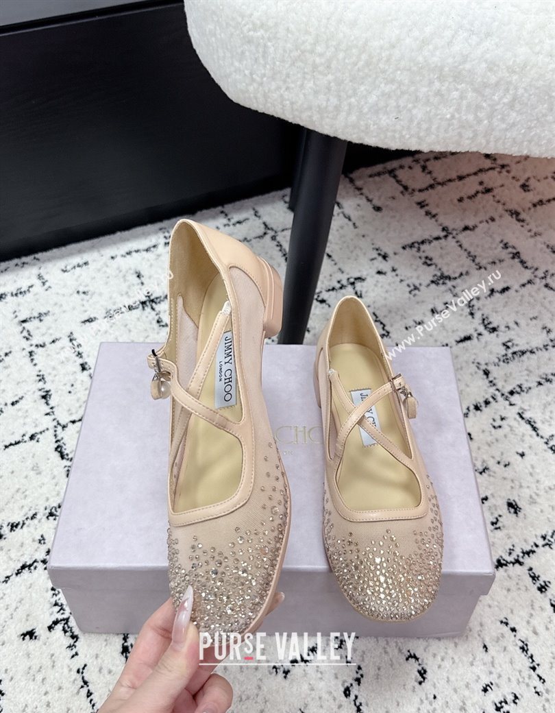 Jimmy Choo Mesh and Strass Mary Janes Ballerinas Flat with Pearl Bow Nude 2025 JC121001 (KL-251210123)
