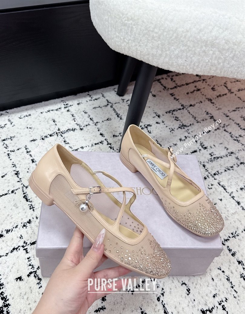 Jimmy Choo Mesh and Strass Mary Janes Ballerinas Flat with Pearl Bow Nude 2025 JC121001 (KL-251210123)