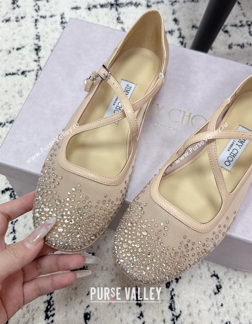 Jimmy Choo Mesh and Strass Mary Janes Ballerinas Flat with Pearl Bow Nude 2025 JC121001 (KL-251210123)