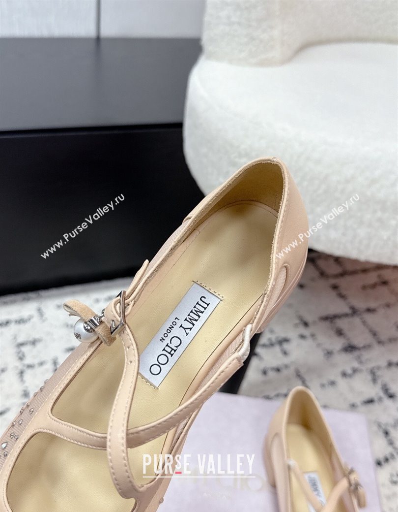 Jimmy Choo Mesh and Strass Mary Janes Ballerinas Flat with Pearl Bow Nude 2025 JC121001 (KL-251210123)