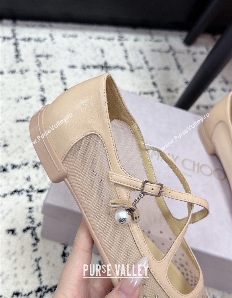 Jimmy Choo Mesh and Strass Mary Janes Ballerinas Flat with Pearl Bow Nude 2025 JC121001 (KL-251210123)