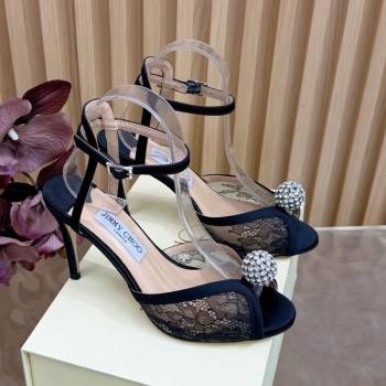 Jimmy Choo Sacora Heel Sandals 8.5cm with Strass in Floral Lace Black 2025 1210 (MD-251210140)