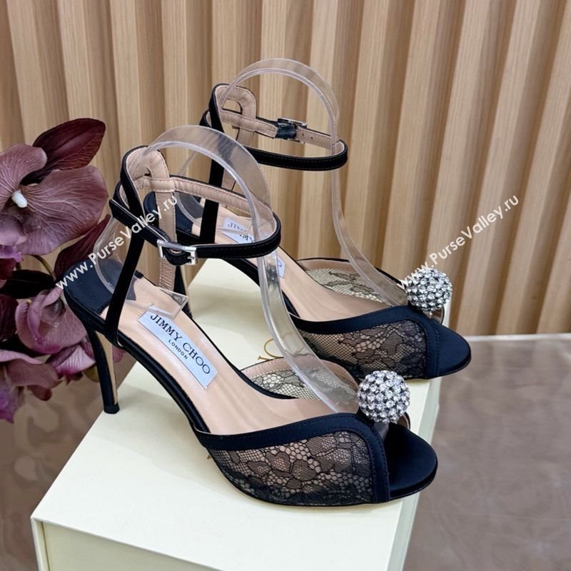 Jimmy Choo Sacora Heel Sandals 8.5cm with Strass in Floral Lace Black 2025 1210 (MD-251210140)