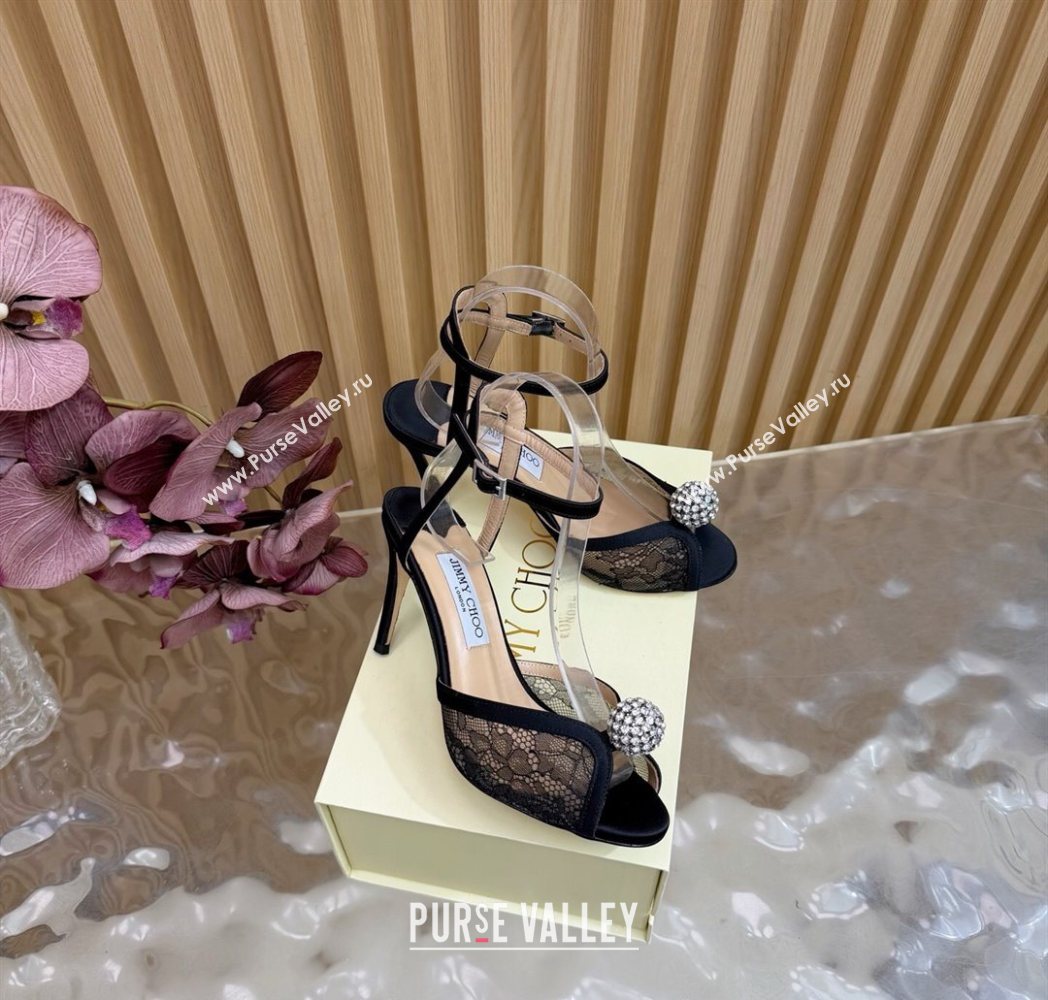 Jimmy Choo Sacora Heel Sandals 8.5cm with Strass in Floral Lace Black 2025 1210 (MD-251210140)