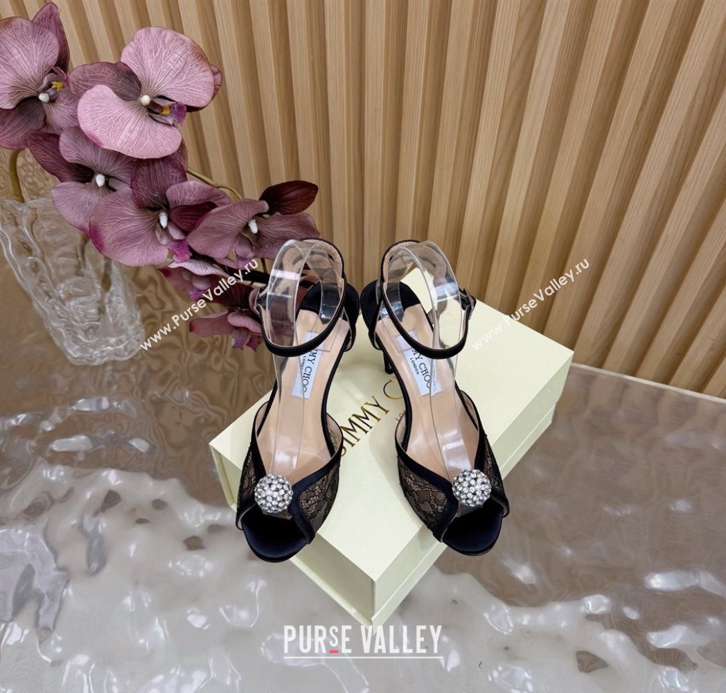 Jimmy Choo Sacora Heel Sandals 8.5cm with Strass in Floral Lace Black 2025 1210 (MD-251210140)