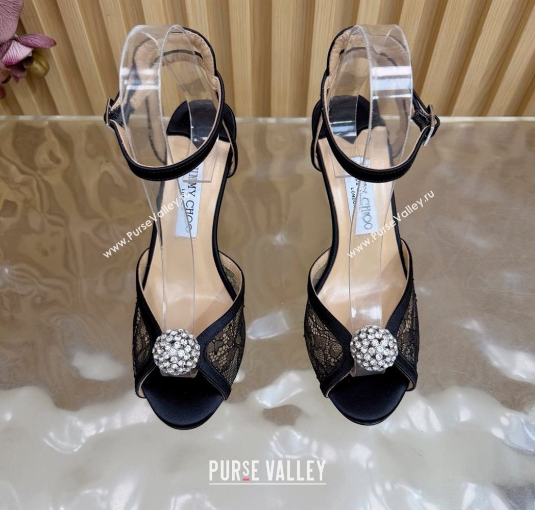 Jimmy Choo Sacora Heel Sandals 8.5cm with Strass in Floral Lace Black 2025 1210 (MD-251210140)
