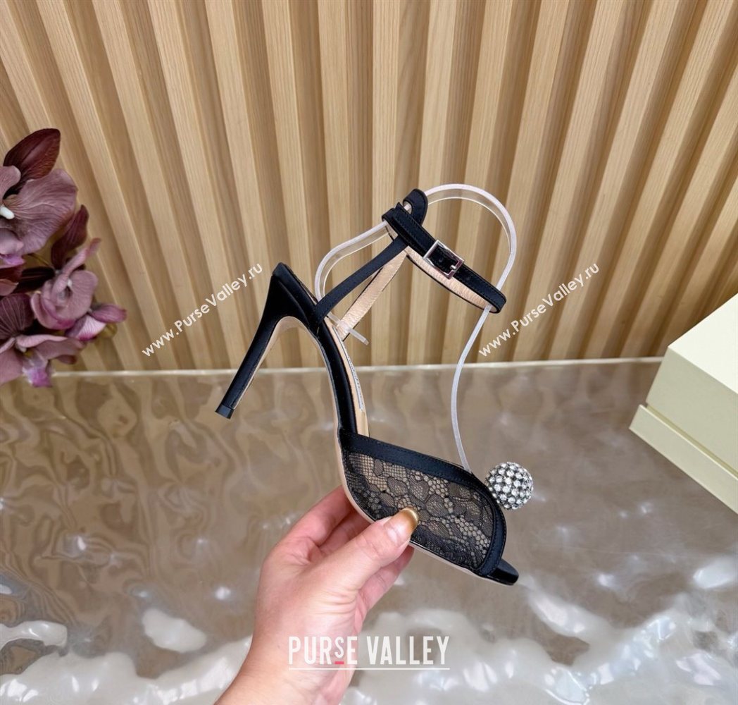 Jimmy Choo Sacora Heel Sandals 8.5cm with Strass in Floral Lace Black 2025 1210 (MD-251210140)