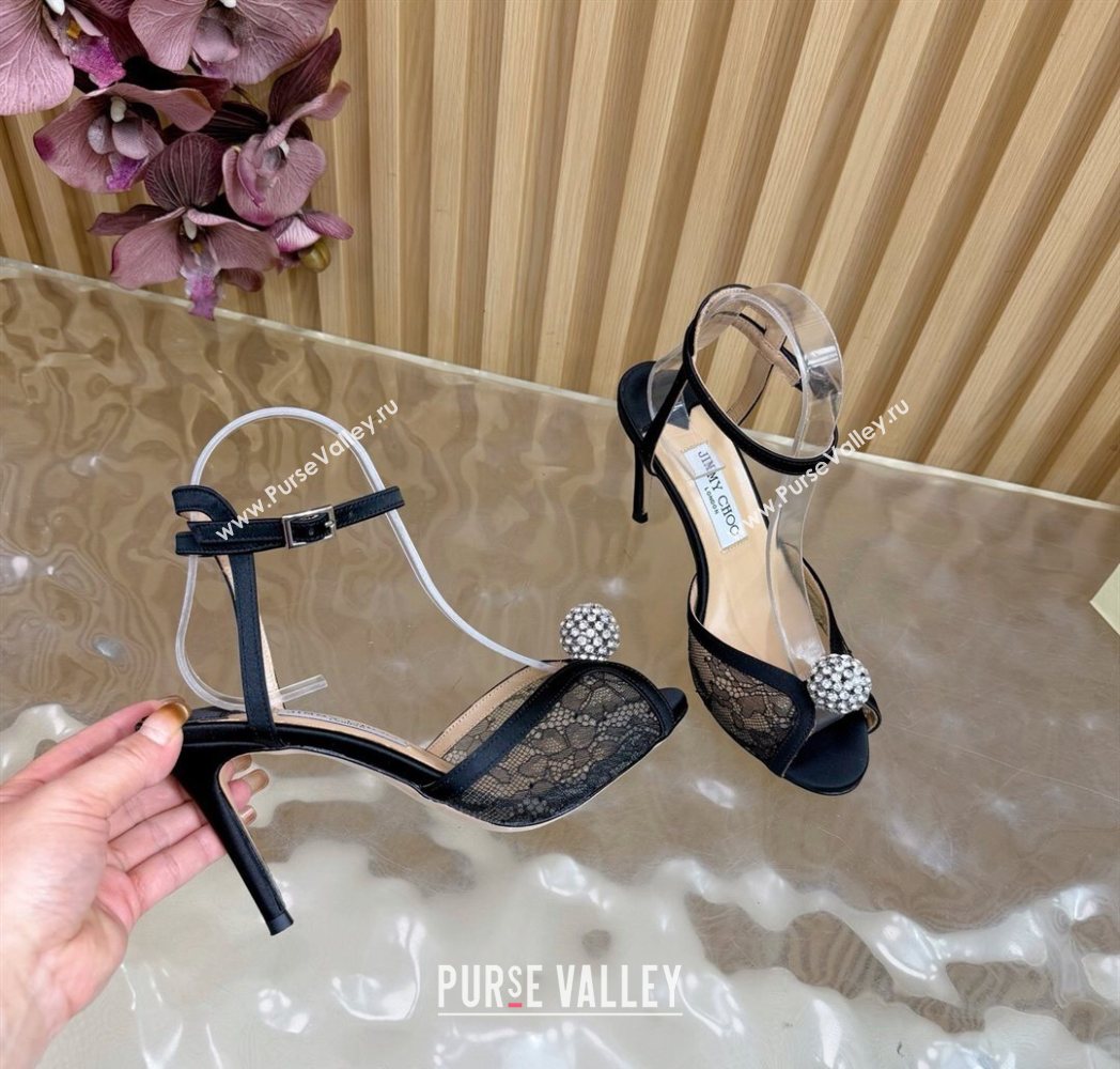 Jimmy Choo Sacora Heel Sandals 8.5cm with Strass in Floral Lace Black 2025 1210 (MD-251210140)