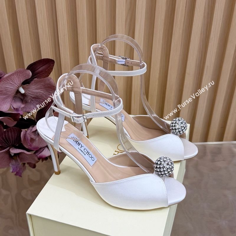 Jimmy Choo Sacora Heel Sandals 8.5cm with Strass in White Satin 2025 1210 (MD-251210142)