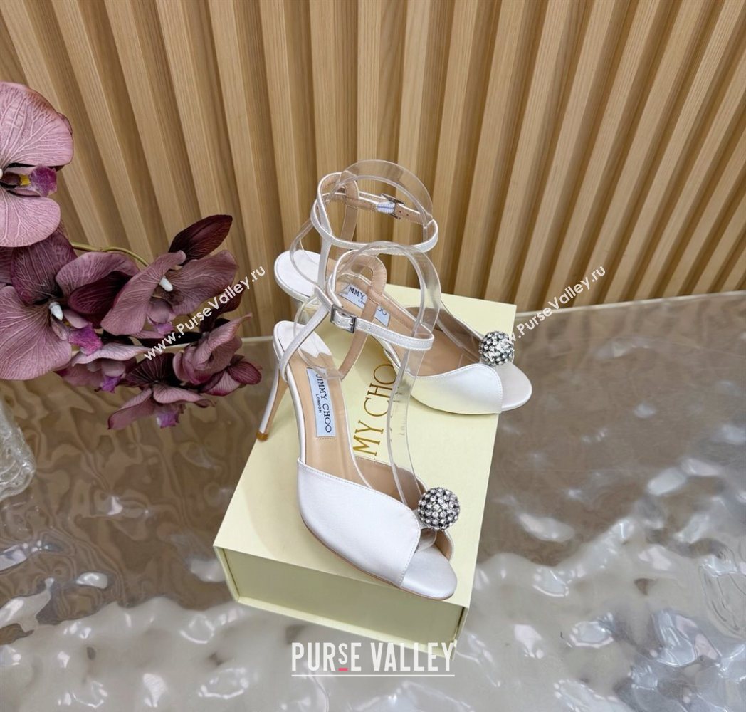 Jimmy Choo Sacora Heel Sandals 8.5cm with Strass in White Satin 2025 1210 (MD-251210142)